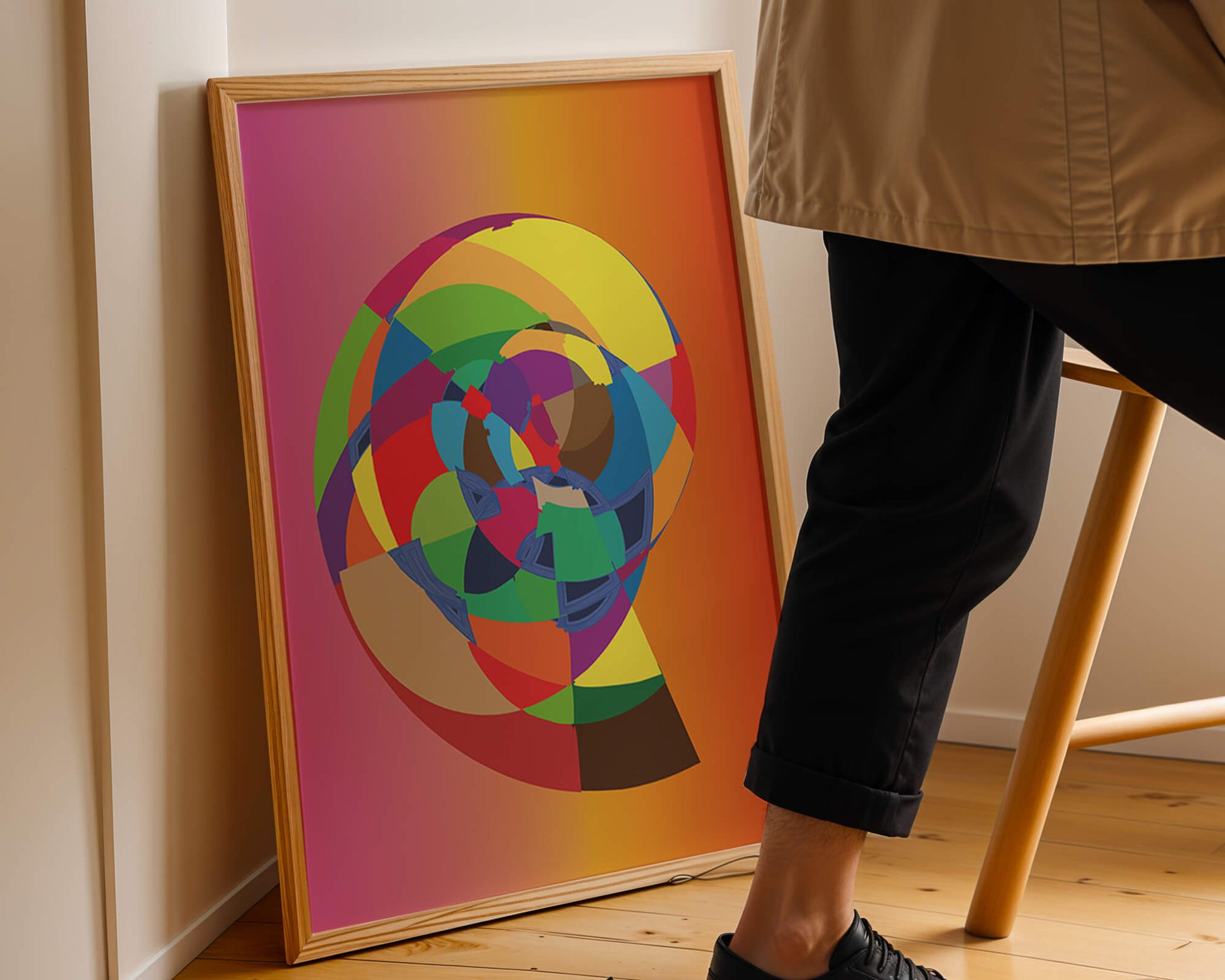 Vibrant abstract geometric shape with multicolored spiral on gradient background