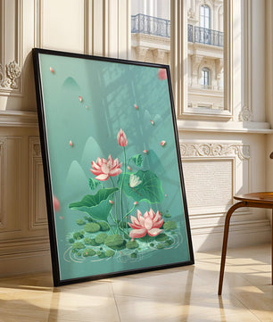 Illustration sereine de fleurs de lotus dans un étang paisible avec des montagnes