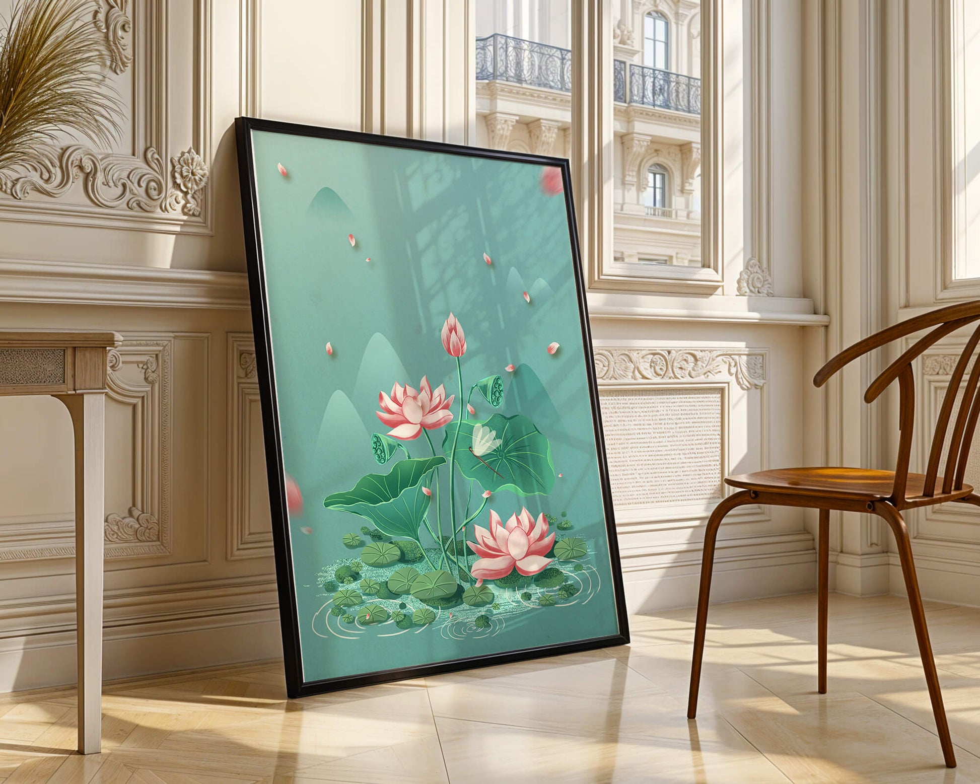 Serene illustration of lotus flowers in a tranquil pond setting with mountains