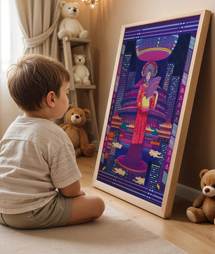 Futuristic Asian Inspired Artwork with Neon Colors and Geisha in Traditional Attire