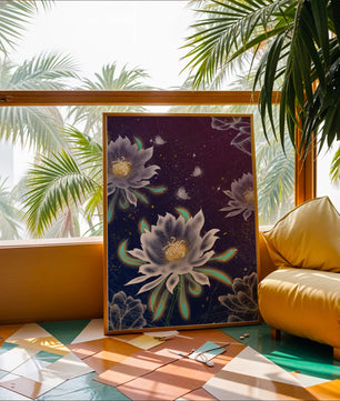 Lotus Flowers and Butterflies in a Starry Night Sky with Gold Accents - Mi tienda