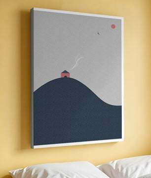 Minimalistische Landschaft mit Haus auf einem Hügel und Sonnenuntergang