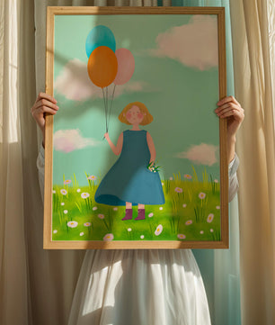 Girl with balloons in a field of daisies under a blue sky