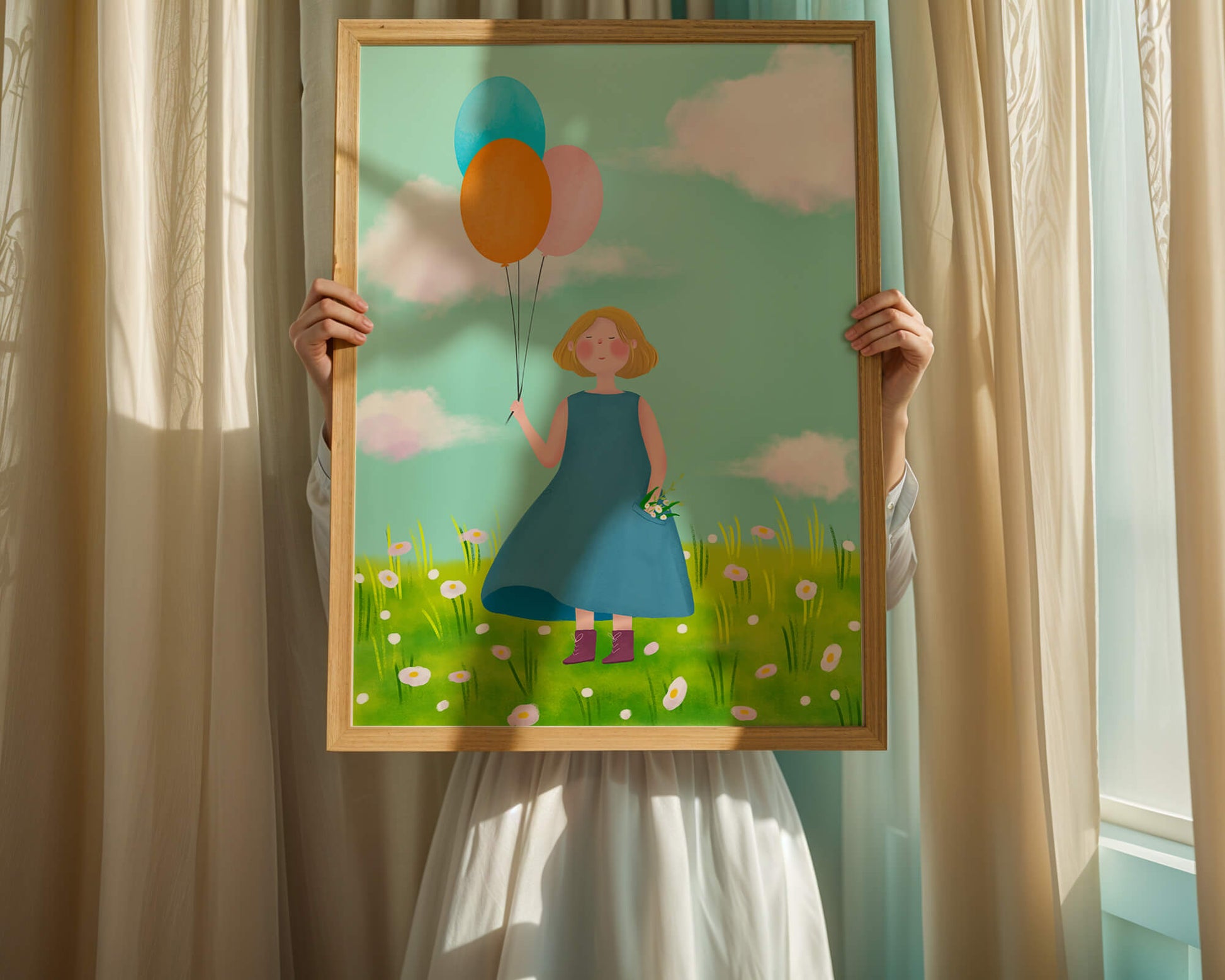 Girl with balloons in a field of daisies under a blue sky