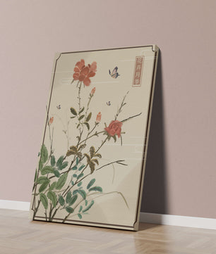 Delicate Floral Art with Red Flowers and Butterflies