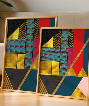 Geometric abstract design with vibrant colors and gold accents