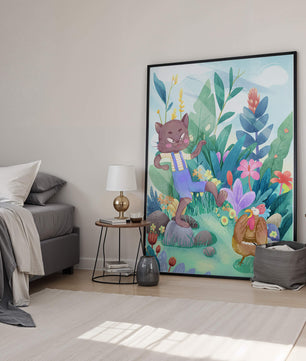 Playful Cat and Chicken in Vibrant Forest Scene Illustration
