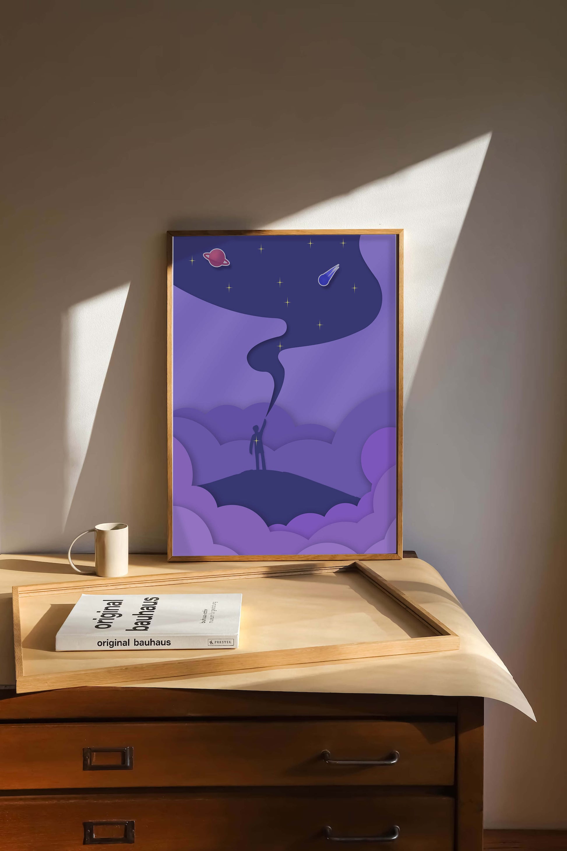 Silhouette in a cosmic landscape with stars and planets