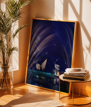 Serene night scene with graceful cranes and a magical boat ride