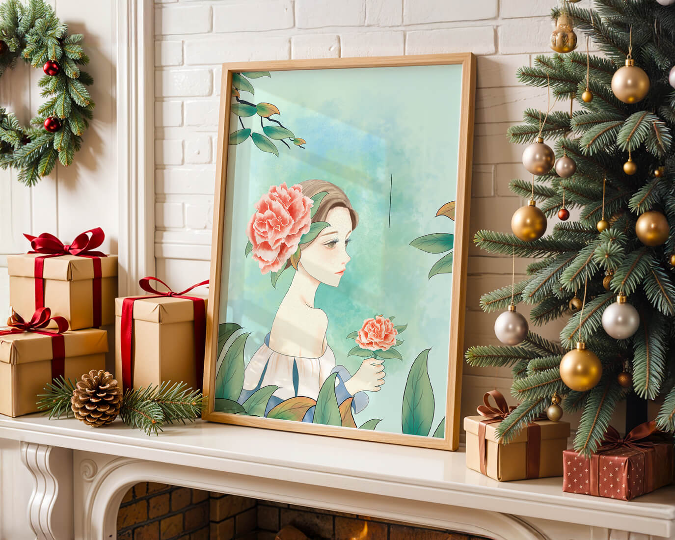 Illustration of a woman with a flower and text saying "Hello, July"