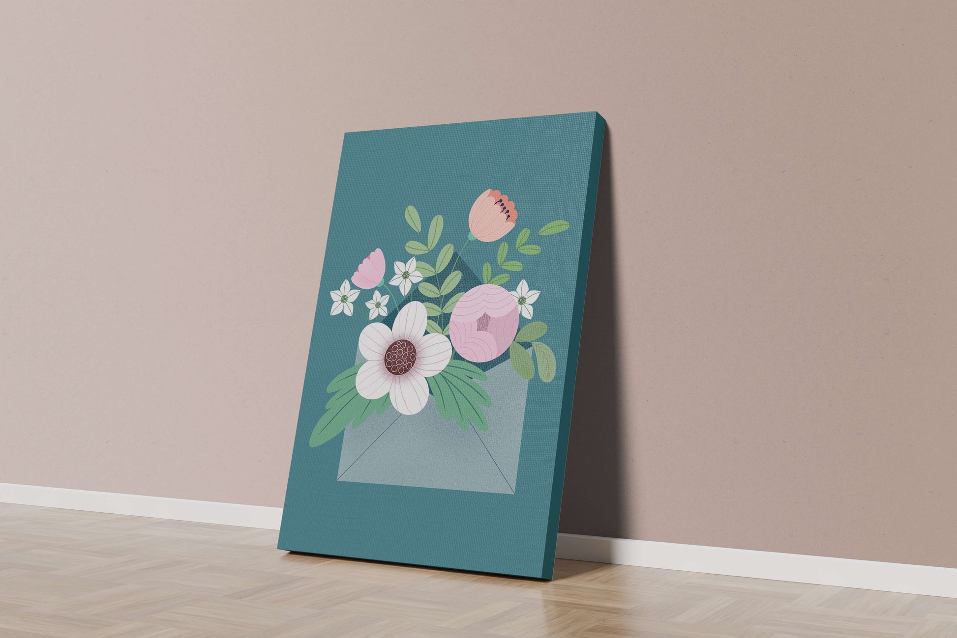 Bouquet floral illustré sortant d'une enveloppe sur un fond bleu sarcelle