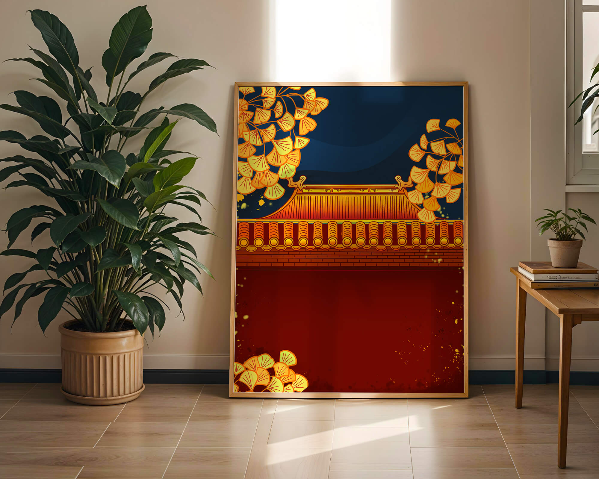Traditional Asian rooftop with golden foliage on a dark evening sky background