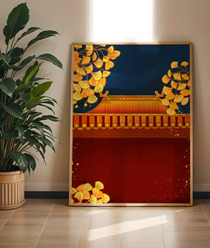 Traditionelles asiatisches Dach mit goldenem Laub auf dunklem Abendhimmel