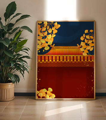 Traditional Asian rooftop with golden foliage on a dark evening sky background