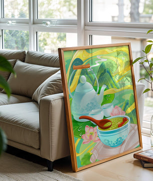 Tea ceremony with teapot and tea bowls amidst nature scenery
