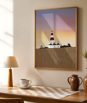 Lighthouse at Dusk with Colorful Sky and Field Landscape