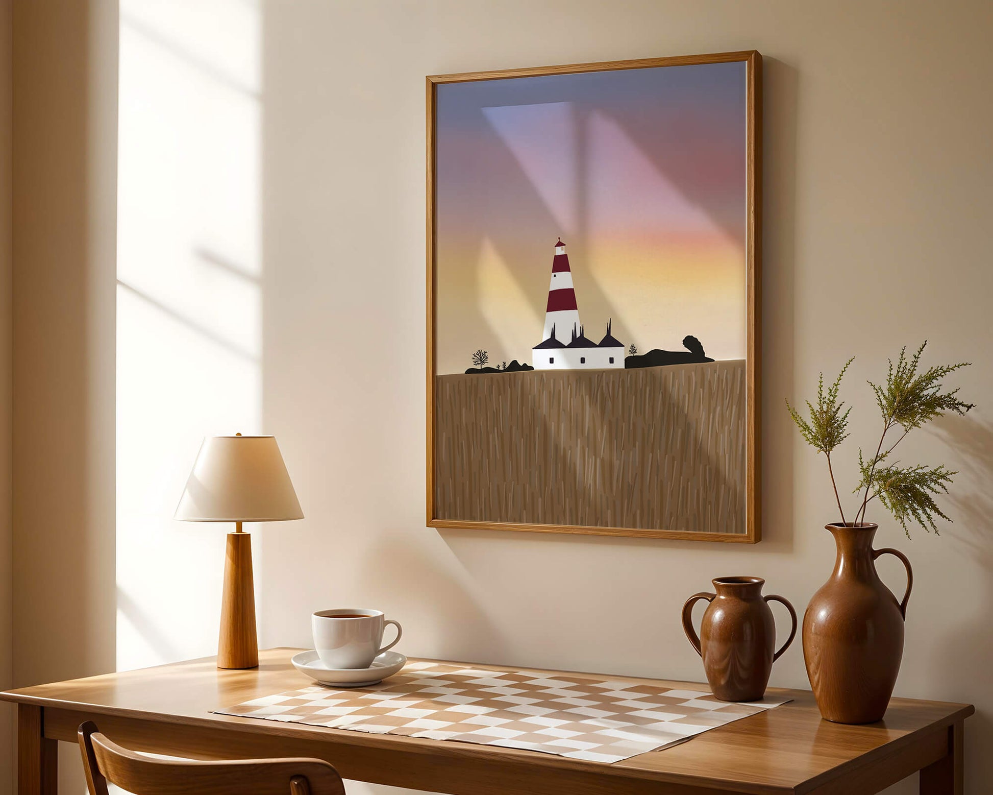 Lighthouse at Dusk with Colorful Sky and Field Landscape