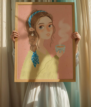 Illustration d'une fille avec un bandeau tenant une tasse fumante