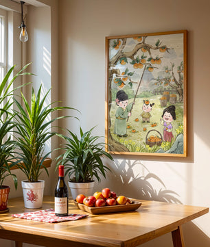 Illustration of children harvesting persimmons in a traditional setting