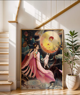 Traditional Asian Art with Flute Player and Moon Rabbit