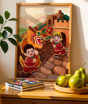 Children celebrating with dragon dance at the Great Wall