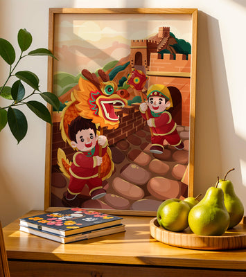 Children celebrating with dragon dance at the Great Wall