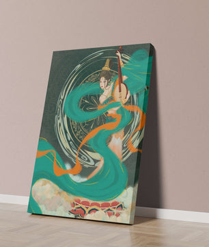 Elegant depiction of traditional musical culture with vibrant flowing ribbons and intricate patterns
