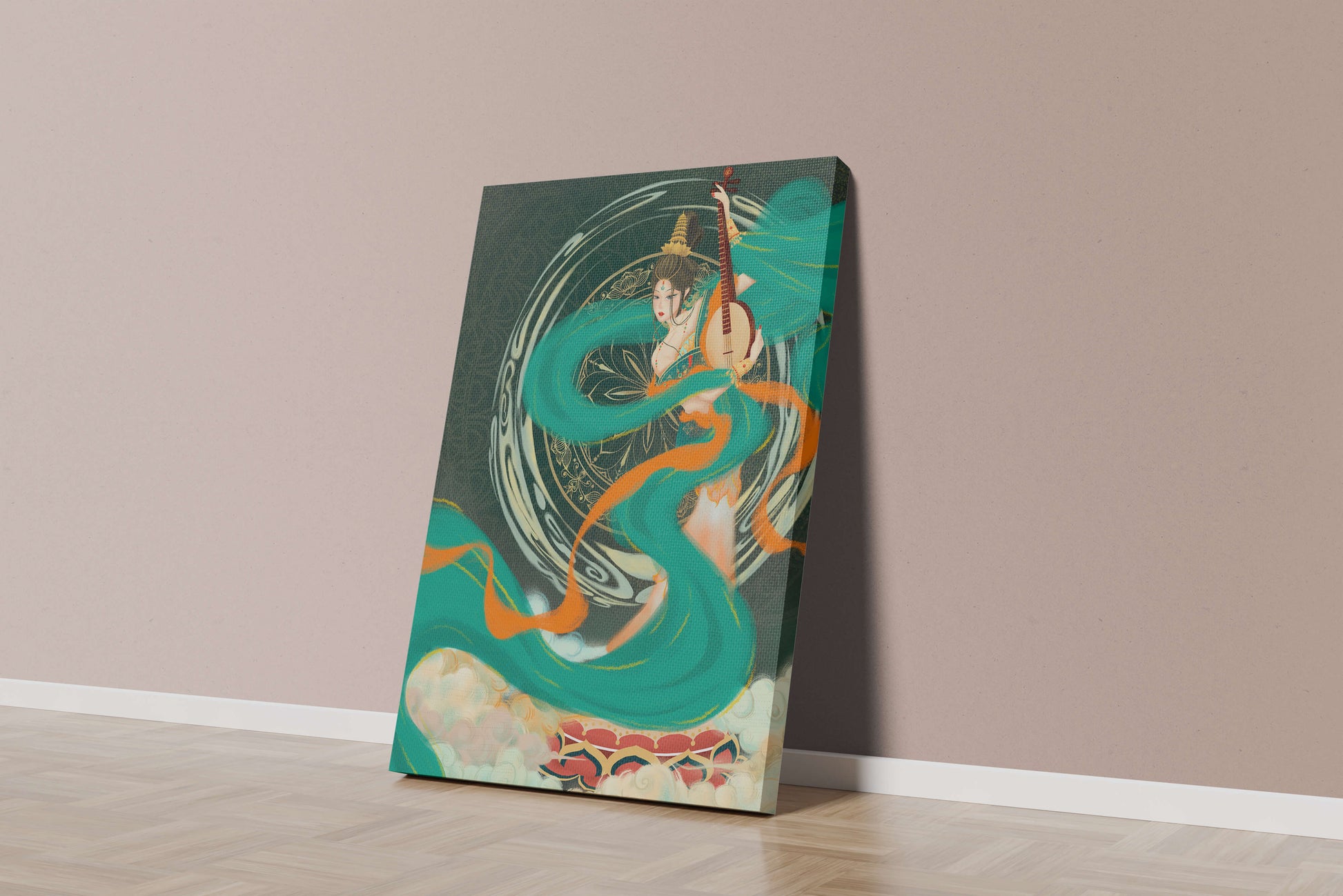 Elegant depiction of traditional musical culture with vibrant flowing ribbons and intricate patterns