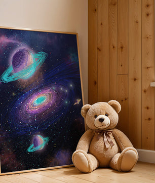Colorful space illustration with planets and galaxy