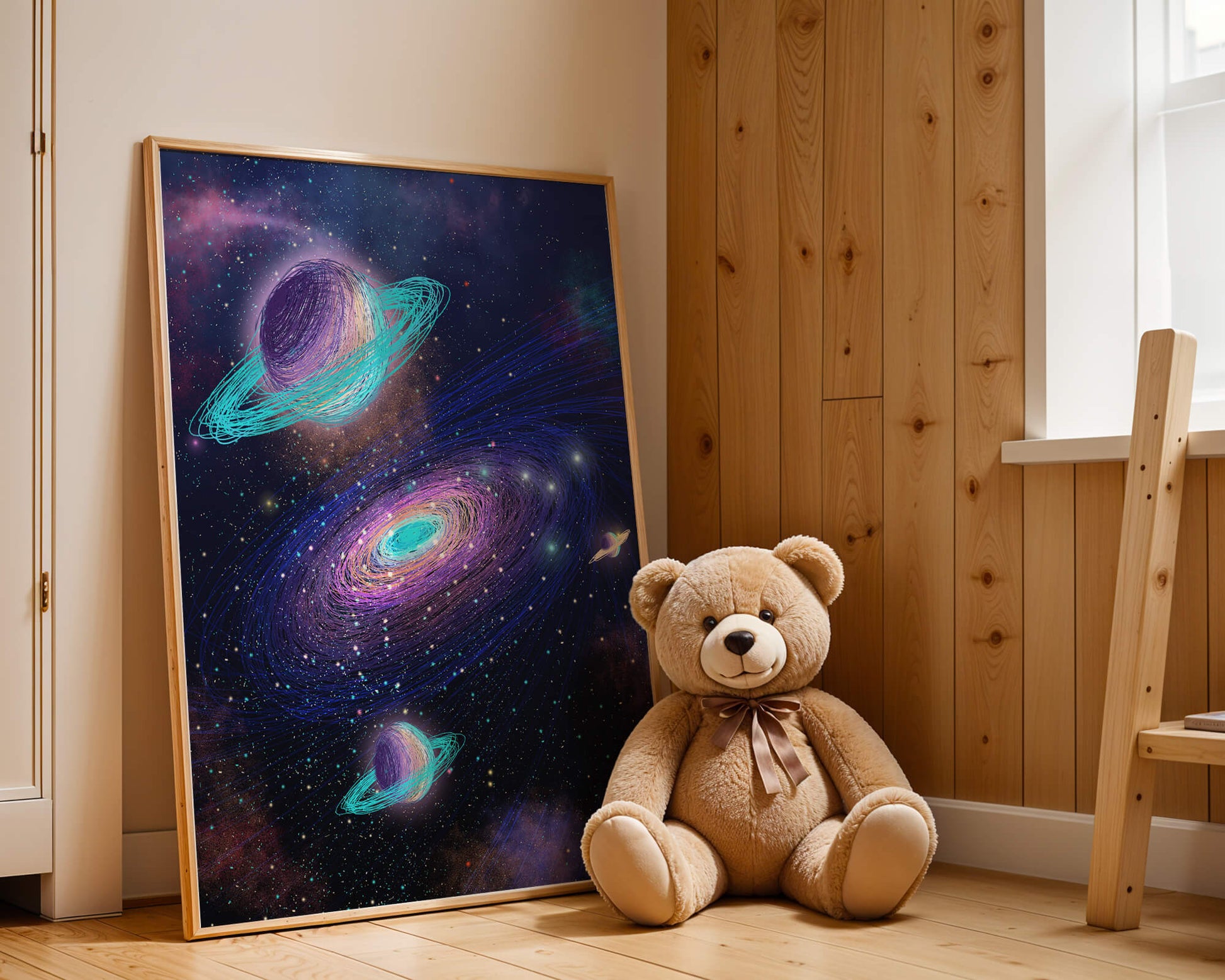 Colorful space illustration with planets and galaxy
