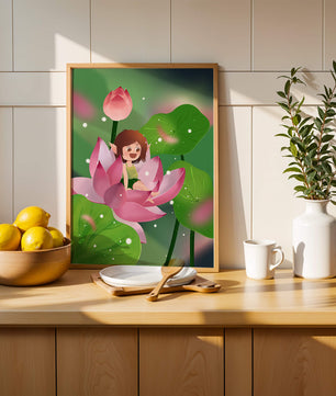 Charming fairy sitting on a blooming pink lotus in a magical garden
