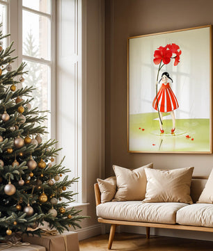 Young girl holding large red flower standing in puddle illustration