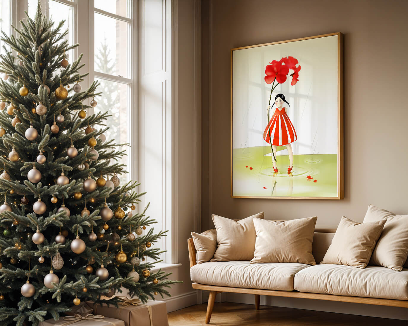 Young girl holding large red flower standing in puddle illustration