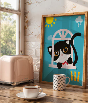 Charming black and white cat peeking through window under bright sun