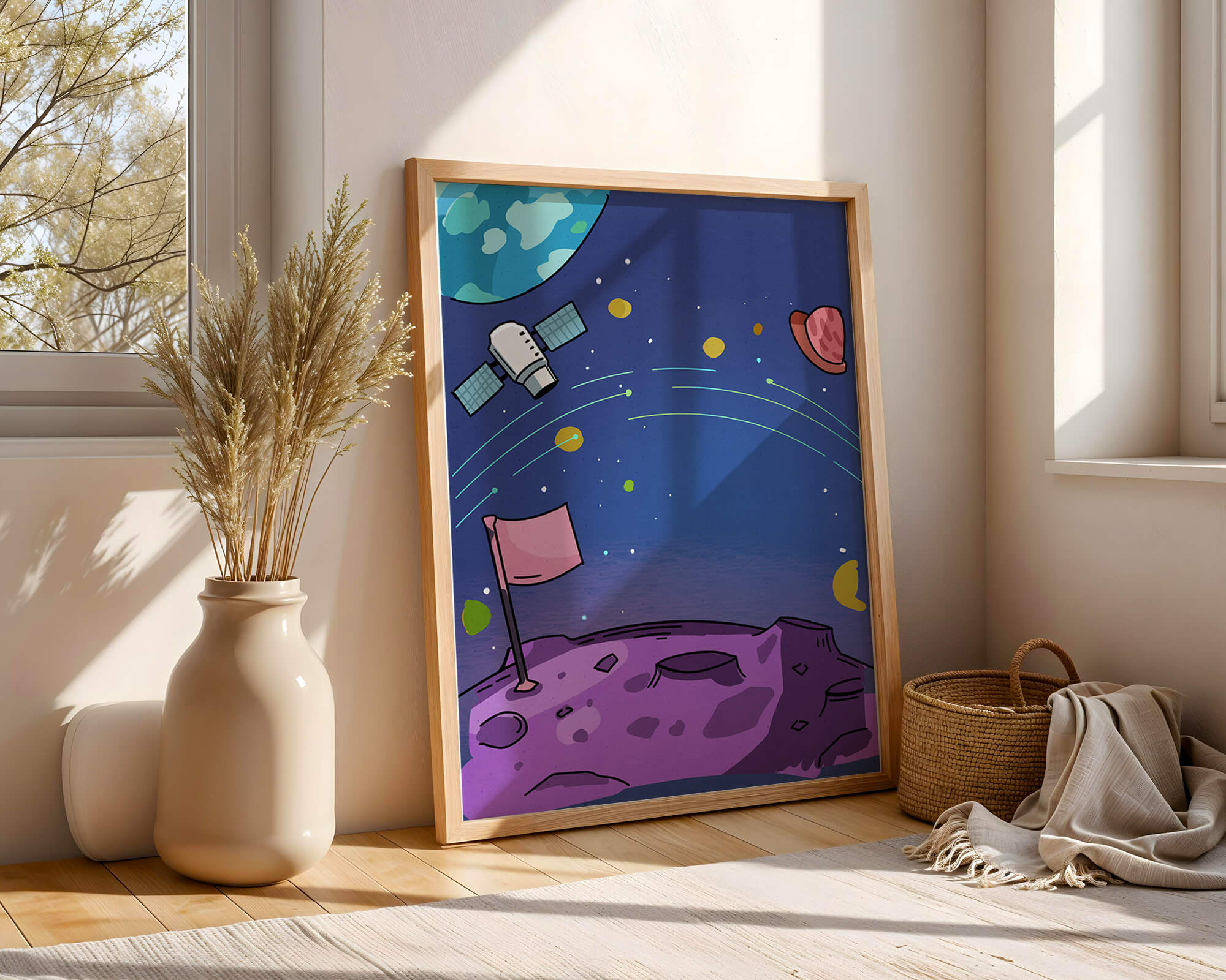 Illustration of outer space scene with planets and satellite