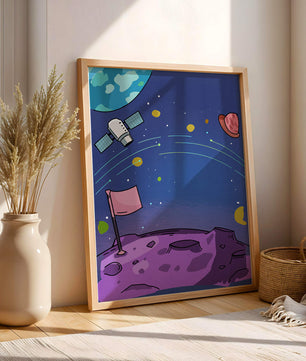 Illustration of outer space scene with planets and satellite