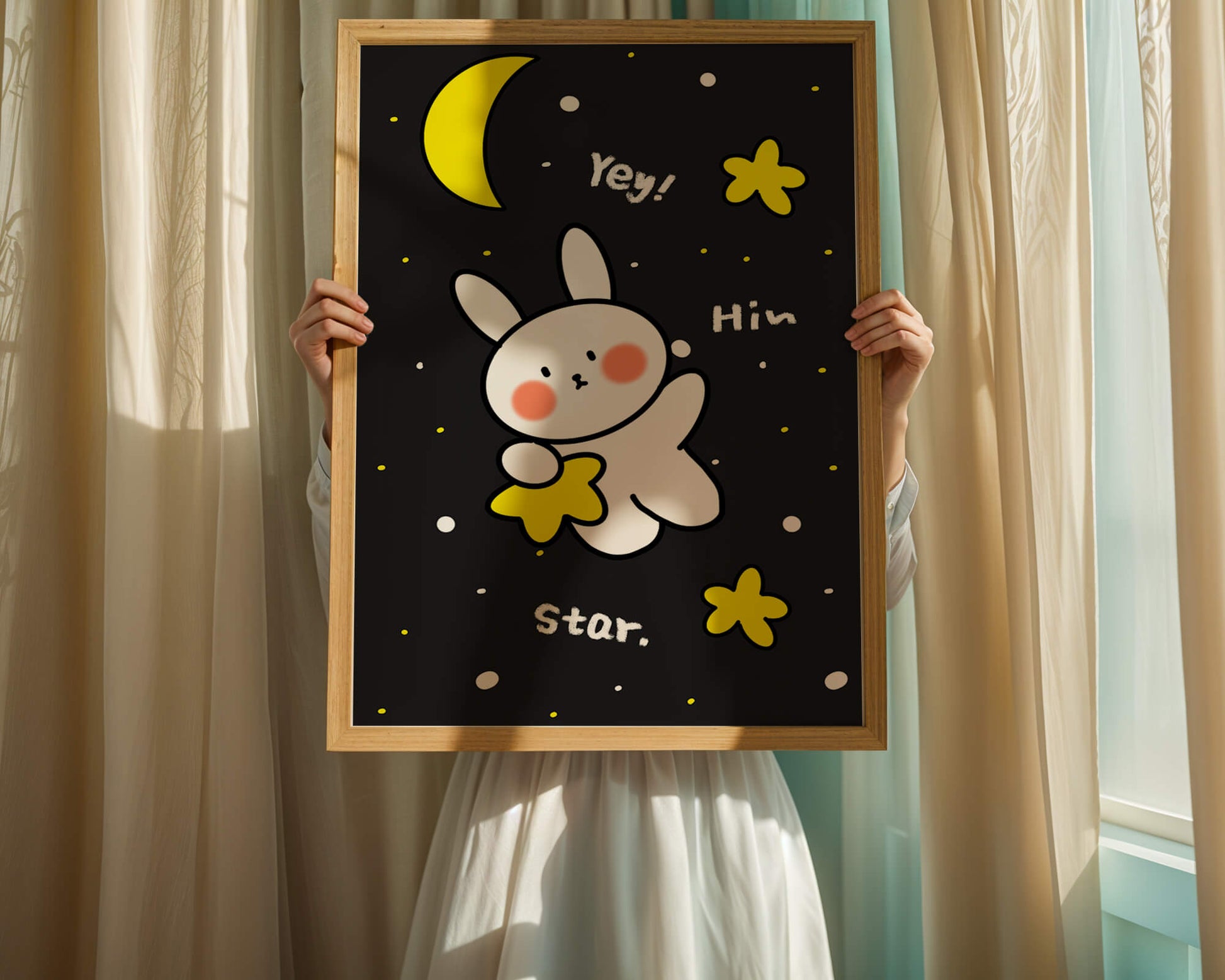 Adorable bunny with stars and moon on a night sky background