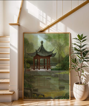Tranquil Asian garden scene with traditional pagoda and serene pond