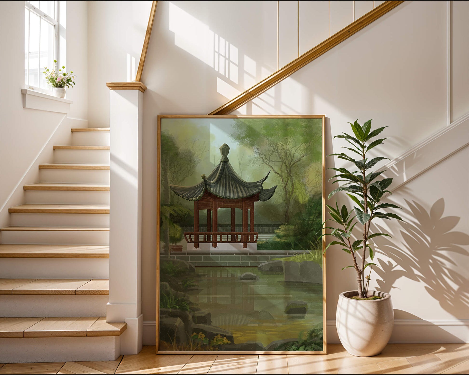 Tranquil Asian garden scene with traditional pagoda and serene pond