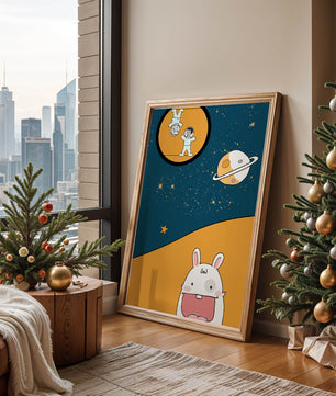 Playful Cartoon of Astronauts and Rabbit with Planet and Stars - Mi tienda
