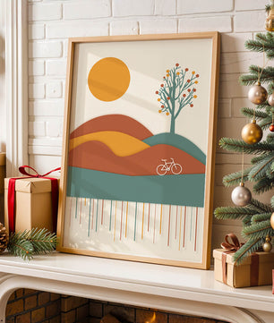 Abstract landscape with bicycle and tree in vibrant colors