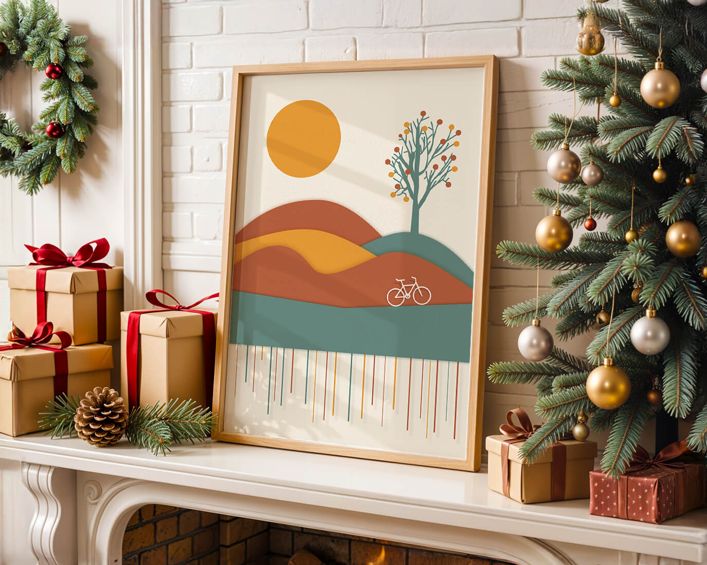 Abstract landscape with bicycle and tree in vibrant colors