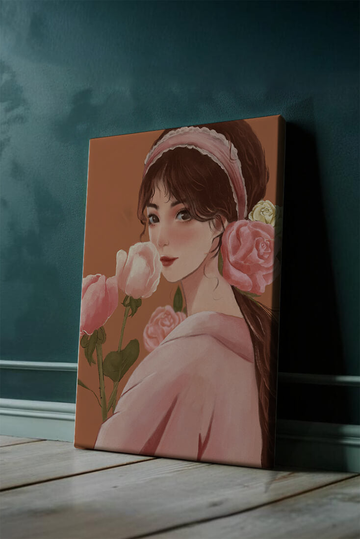 Young woman with flowers in her hair and holding a bouquet