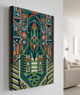 Design géométrique abstrait inspiré de l’Art déco avec des motifs symétriques et un motif animal