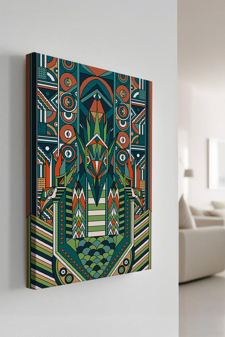 Art Deco Inspired Abstract Geometric Design with Symmetrical Patterns and Animal Motif