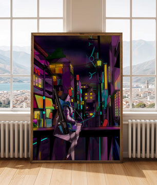 Paisaje urbano cyberpunk con un personaje futurista por la noche