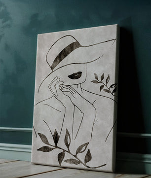 Abstract Woman in Hat with Minimalist Leaf Design
