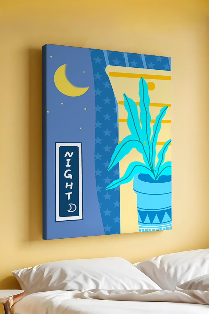 Nighttime plant illustration with crescent moon and starry background