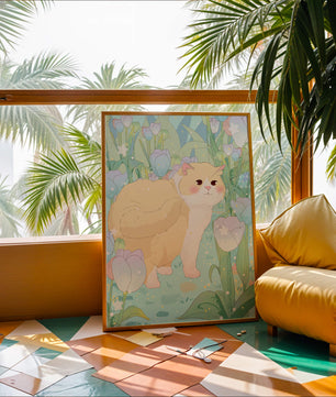 Charmante illustration d’un chat dans un jardin luxuriant de tulipes
