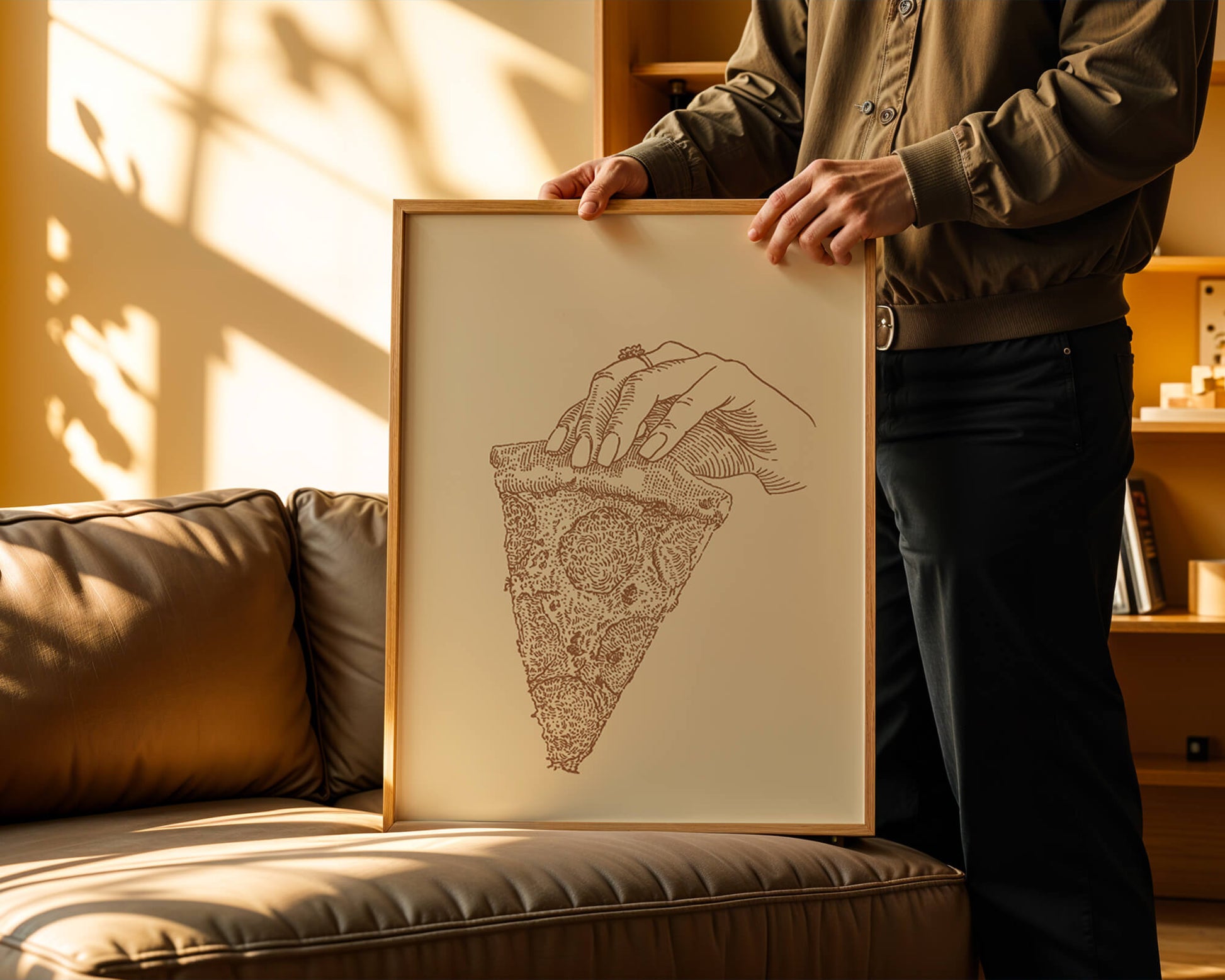 Hand holding a detailed vintage pizza slice illustration